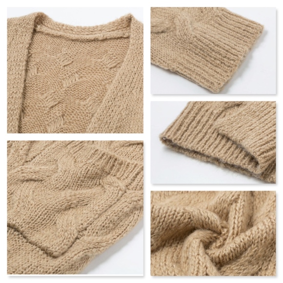 Open Cable Knit Cardigan, Long w/Pockets, Khaki - Picture 7 of 9